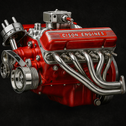 Red engine with 'Cison Engines' branding on a black background