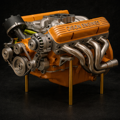 Orange and silver engine model on a black background