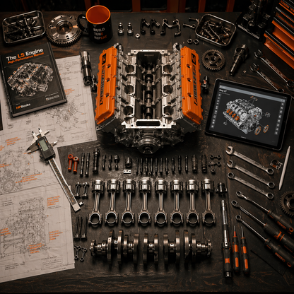 Engine assembly on a workbench with tools and a tablet displaying technical details.
