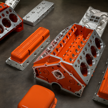 Engine valve covers in orange and silver on a dark surface