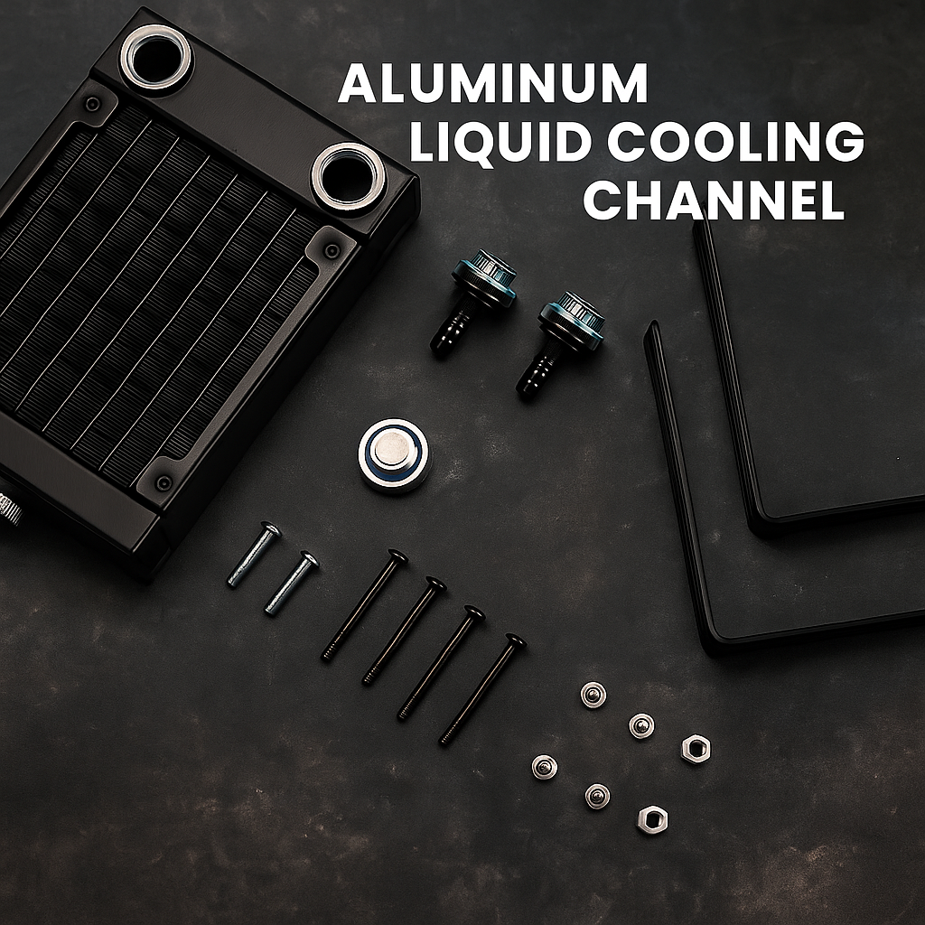 Aluminum liquid cooling channel components on a dark surface with text 'Aluminum Liquid Cooling Channel'.