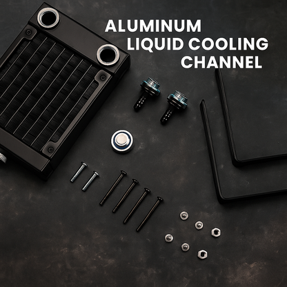 Aluminum liquid cooling channel components on a dark surface with text 'Aluminum Liquid Cooling Channel'.