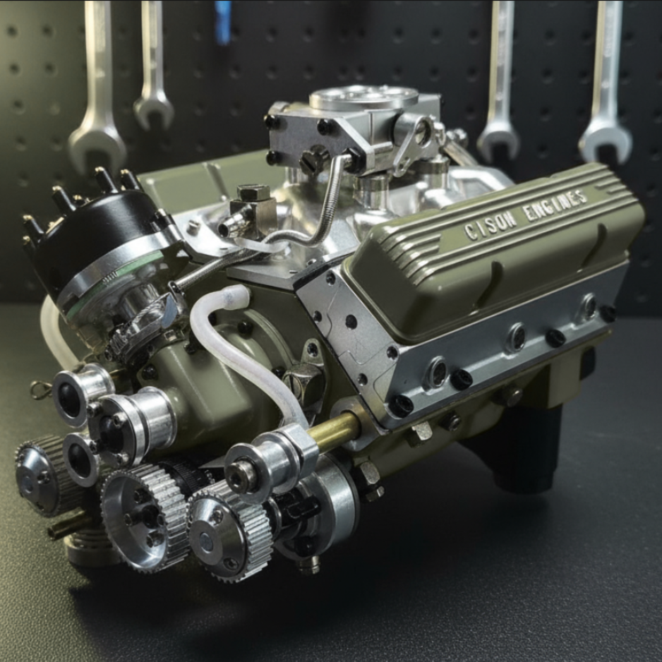 Model engine with 'Crescent Engines' branding on a dark background