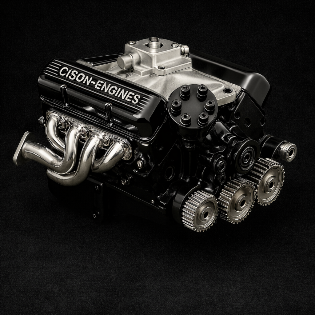 Engine model with 'Cison Engines' branding on a black background