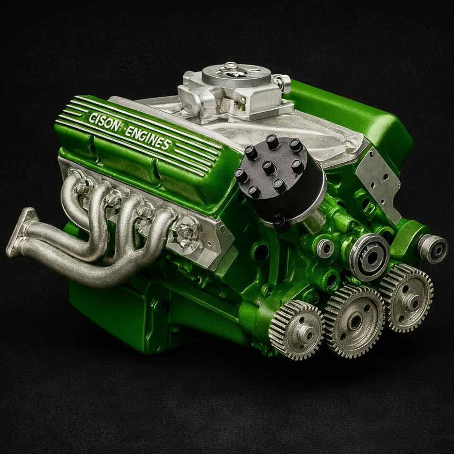 Model engine with 'Gison Engines' branding on a black background