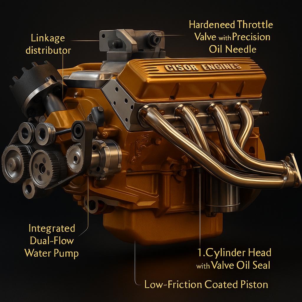 Engine with labeled parts on a black background