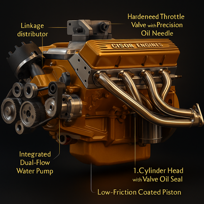Engine with labeled parts on a black background